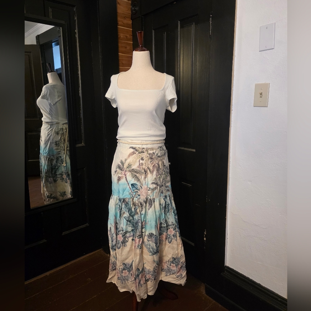 Joie Tropical Print Maxi Skirt in Cream and Blue